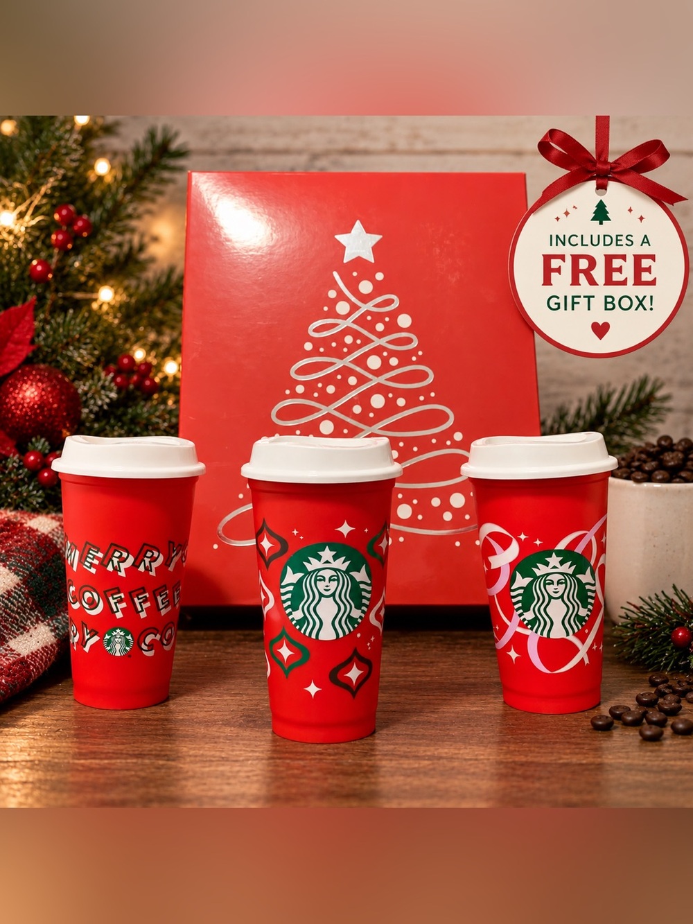 🎄NEW Starbucks Christmas Reusable (16 oz) Cups Set of (3) + FREE Gift Box